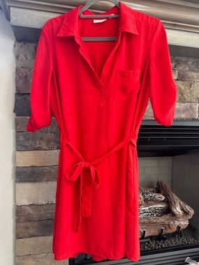 New York & Company Red V-Neck Shirt Dress with Tie Belt